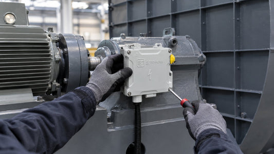 Techniker montiert den MEL-3171 Vibrationswächter als Ersatz für FFE-Schalter am Lagergehäuse eines Industrieventilators