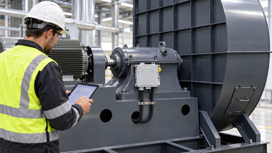 Techniker mit Tablet prüft den MEL-3171 Vibrationswächter an einem Radialventilator in einer Lüftungsanlage
